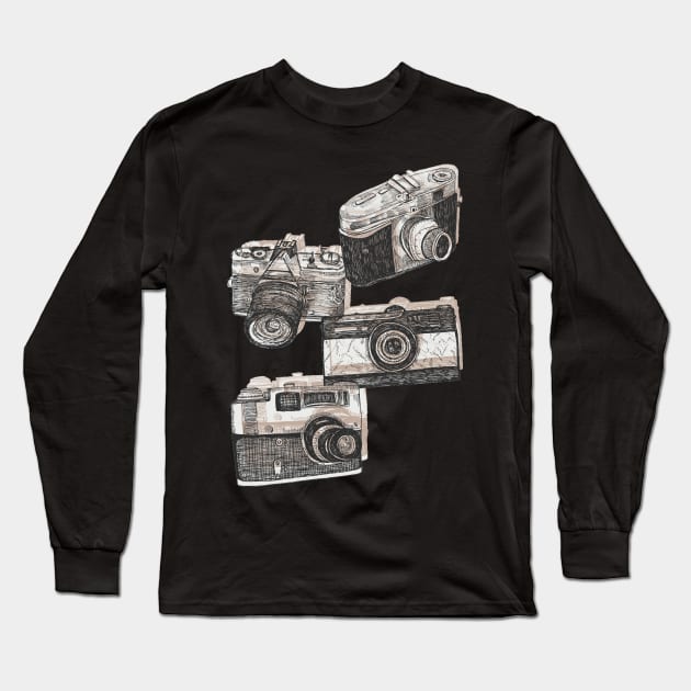 Classic Cameras Long Sleeve T-Shirt by minniemorrisart